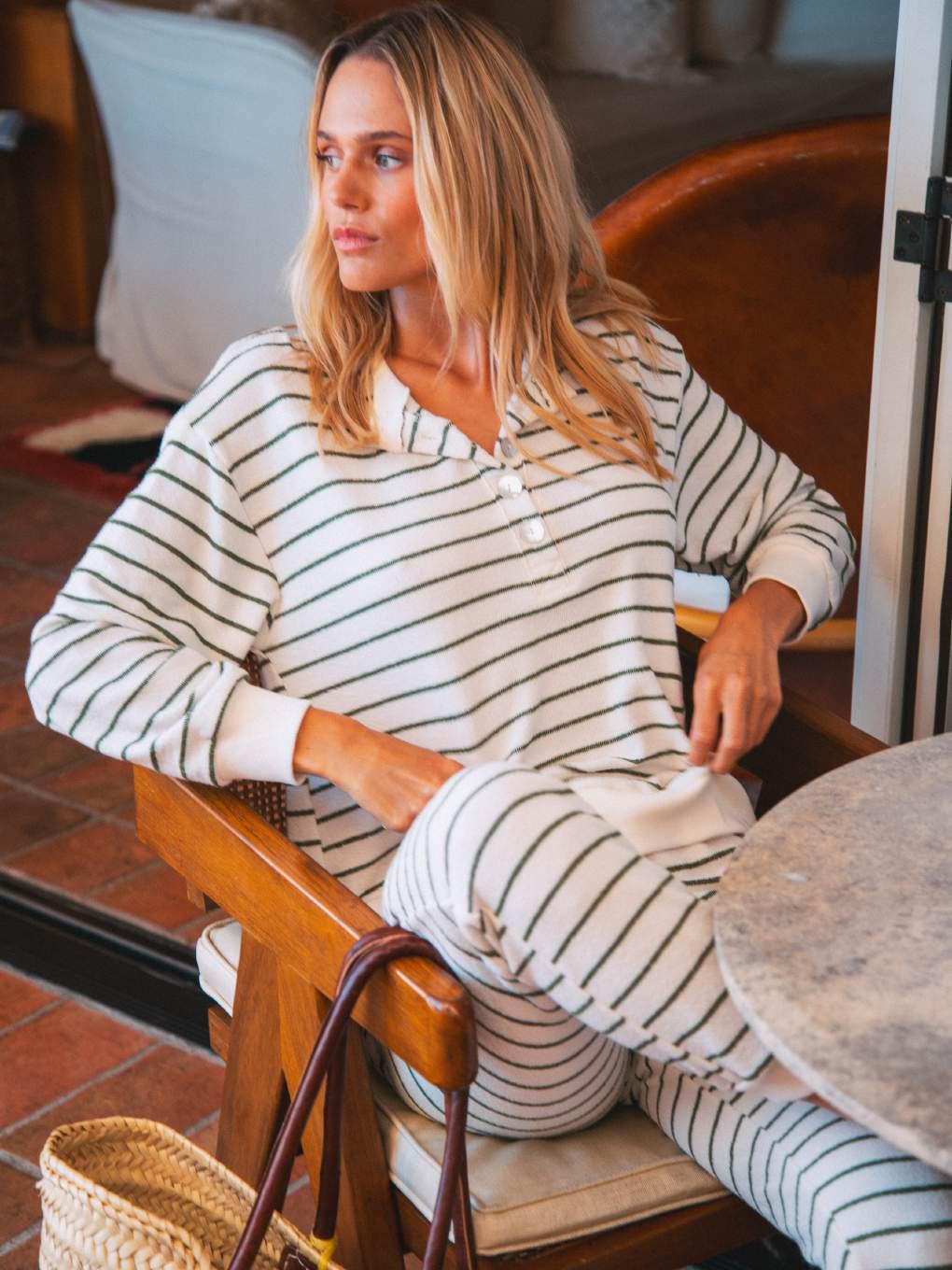 Kiley Henley Sweatshirt - Ivory / Olive Stripe