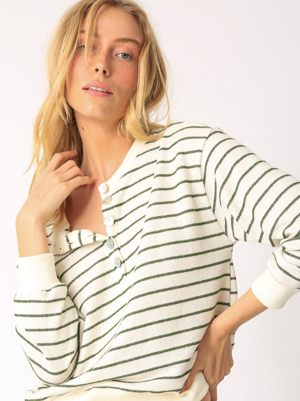 Kiley Henley Sweatshirt - Ivory / Olive Stripe